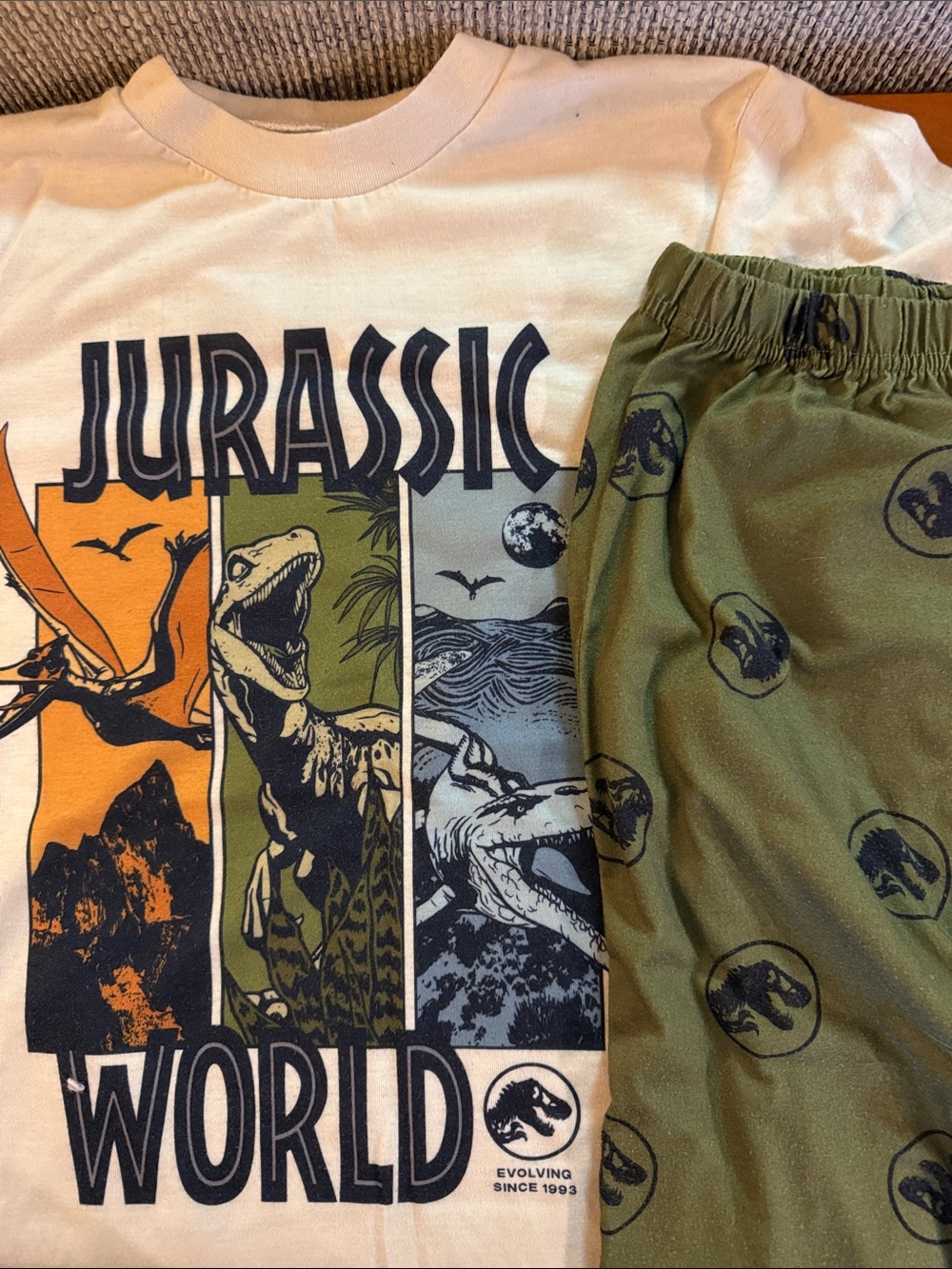 Cat & Jack Jurassic World Cream Graphic Pajama Set with Olive Green Pants